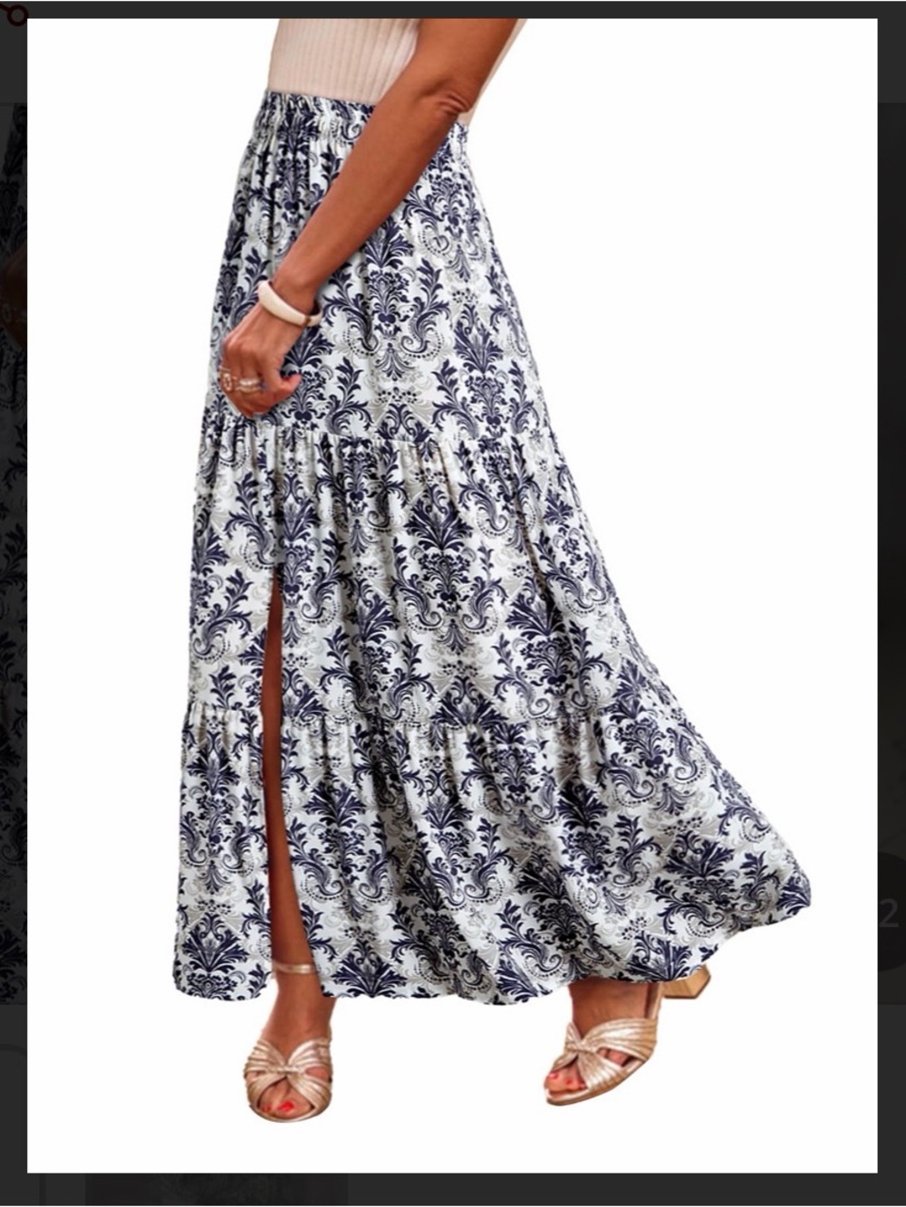 Women's Navy and White Printed Tiered Maxi Skirt